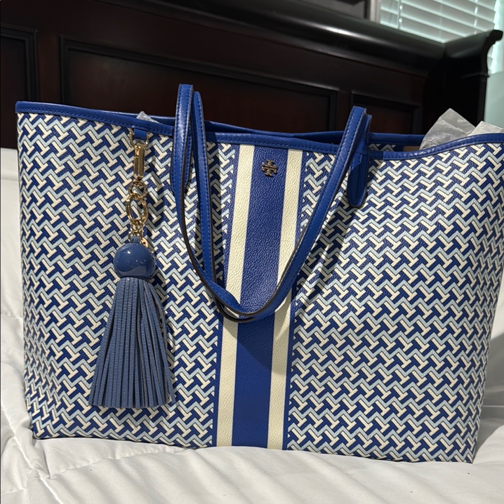 Tory Burch Nautical Blue and White Geometric Tote